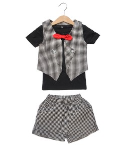 Plaid Vest Black Tee + Red Bow Tie + Plaid Short Pant