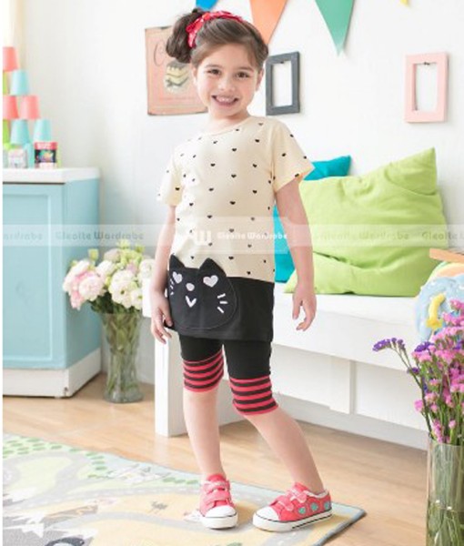 Heart Dot Kitty Tee + Stripe Legging