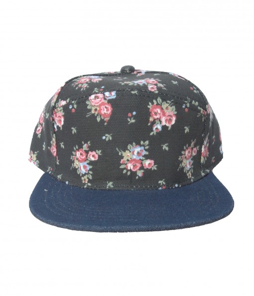 Snapback Hat - Black Flower on Denim 1