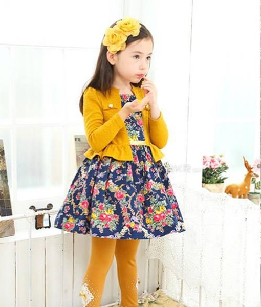 Blue Flower Dress with Yellow Cardigan