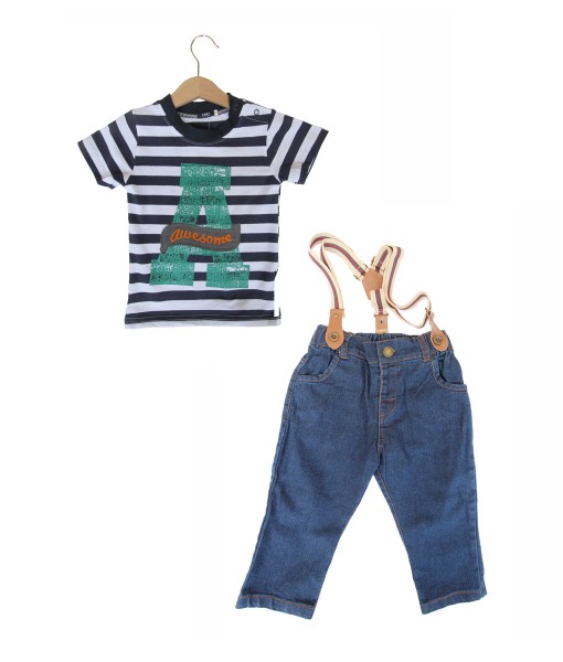 Stripe A Tee + Brown Supender + Jeans 1