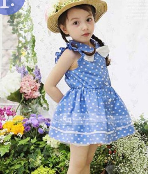Bow Buttoned Blue Polka Dress