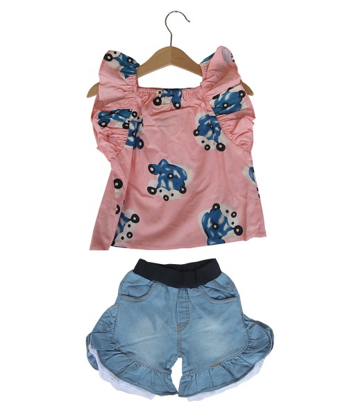 Flower Peach Ruffle Top + Short Jeans 1