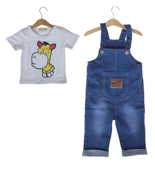 Giraffe White Tee + Blue Overall 1