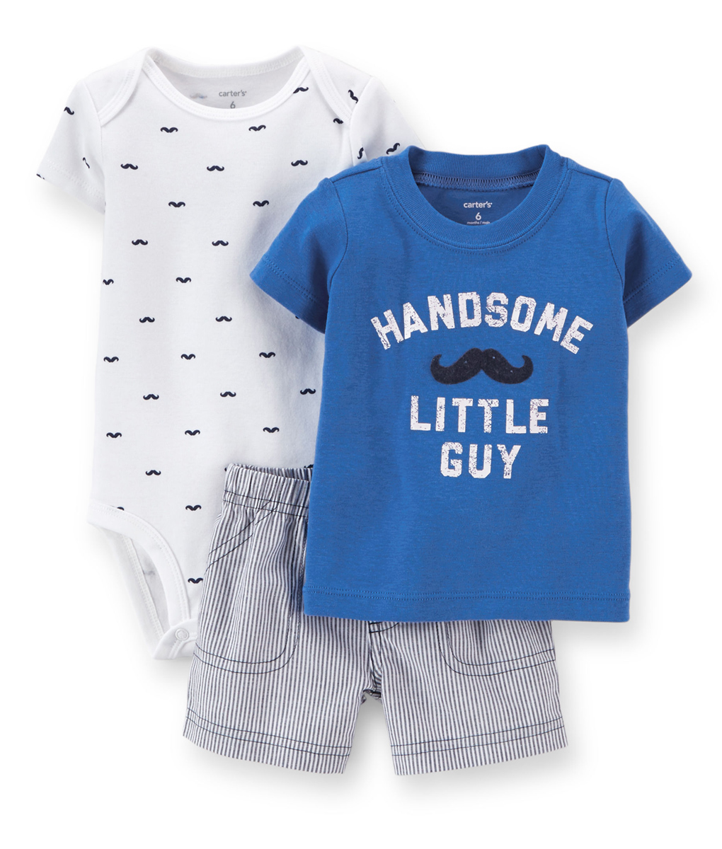 Mustache Blue Tee+White Bodysuit+Stripes Pant