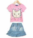 Pink Cute Cat Tee + Skirt Jeans