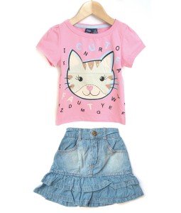Pink Cute Cat Tee + Skirt Jeans