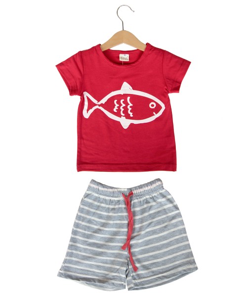 Fish Red Tee + Grey Stripe Pant 1