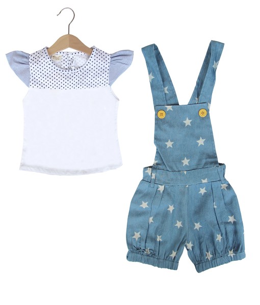 Frill Sleeve Polkadot Shirt + Star Overall 1