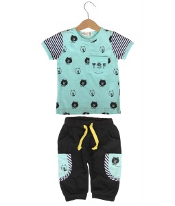 Bear Stripe Tee + Pant - Turquoise