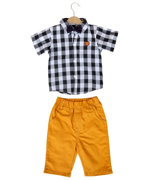 Black Plaid Shirt + Brown Pant + Bow Tie 1