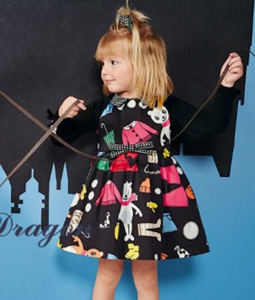 Clothes Print Dress + Cardigan - Black