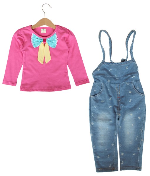 Bow Collar Pink Top + Denim Overall 1