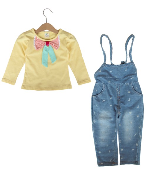 Bow Collar Yellow Top + Denim Overall 1