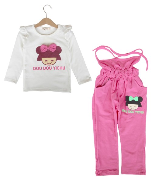 Bow Girl Top + Pink Overall 1