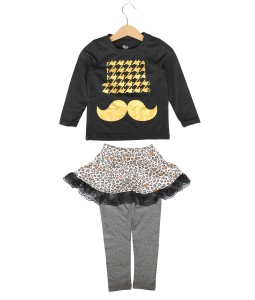 Mustache Black Tee + Leopard Skirt + Grey Legging