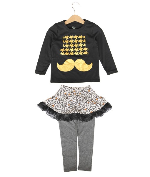 Mustache Black Tee + Leopard Skirt + Grey Legging 1