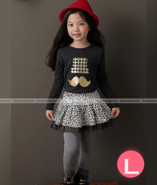 Mustache Black Tee + Leopard Skirt + Grey Legging