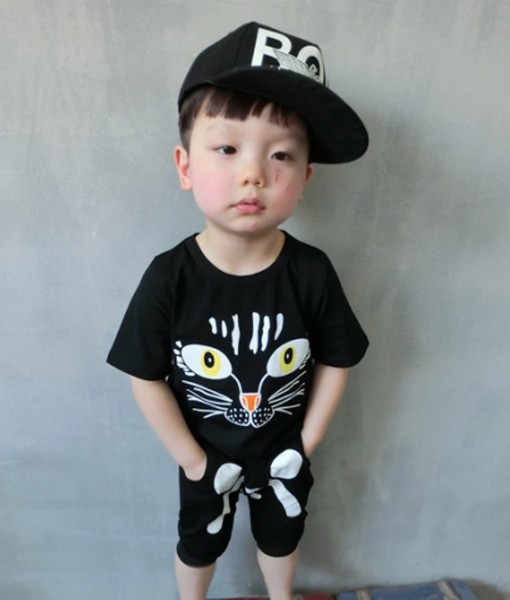 Cat Black Tee + Emoticon Pant