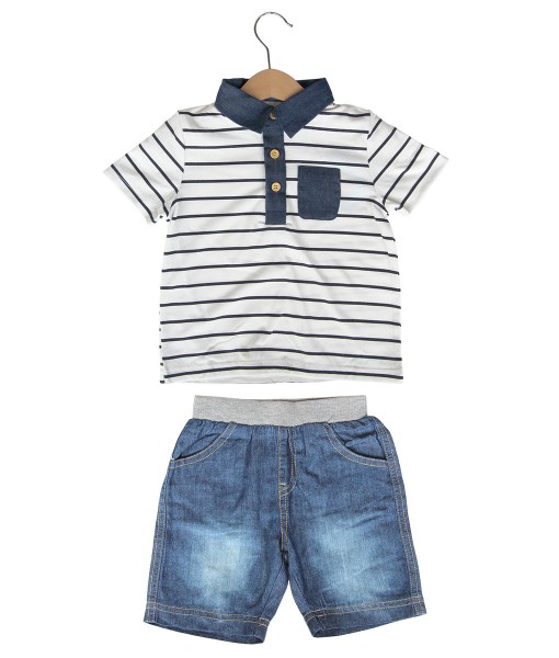 Stripe Collared Tee + Denim Short Pant 1