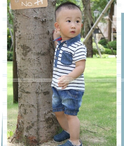Stripe Collared Tee + Denim Short Pant