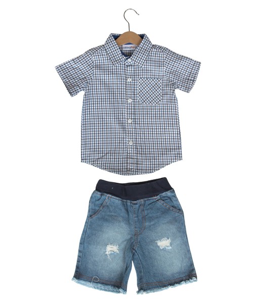 Plaid Blue Shirt + Short Denim Pant 1