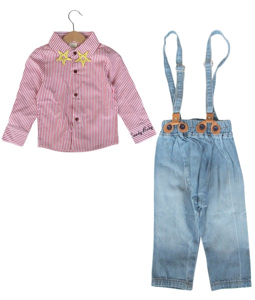 Stripe Pink Shirt + Denim Suspender 1