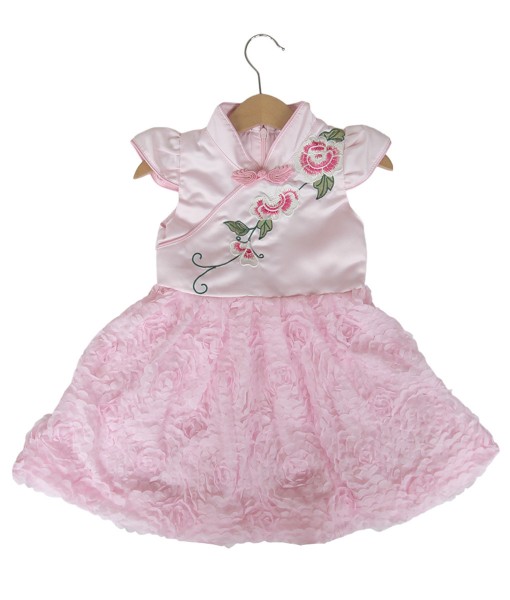 Floral Applique Mandarin Dress - Pink 1