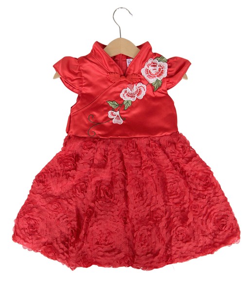 Floral Applique Mandarin Dress - Red 1