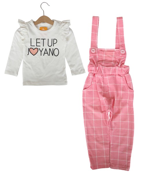 White Tee + Plaid Overall - Pink Soft 1