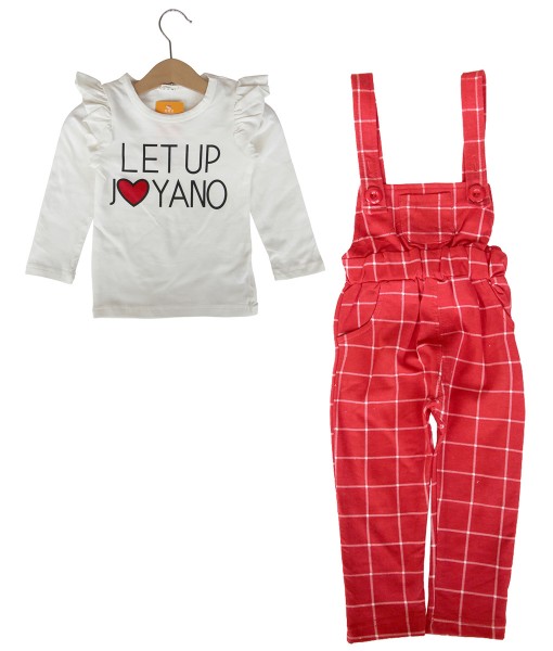 White Tee + Plaid Overall - Red 1