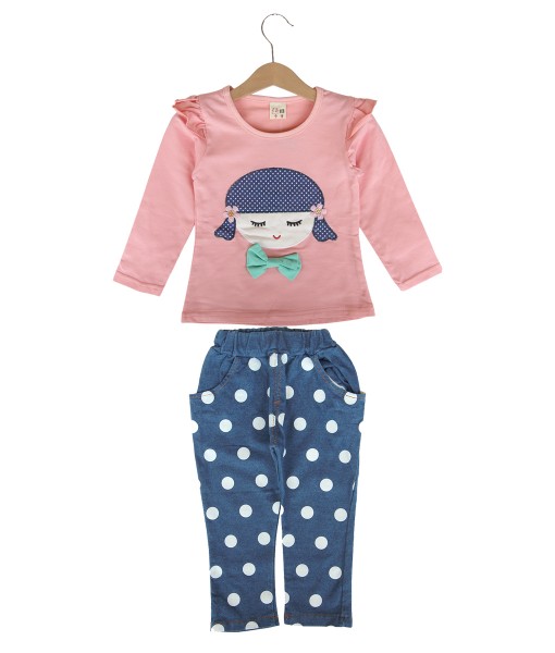 Girl Polka Bow Top + Pant - Peach 1