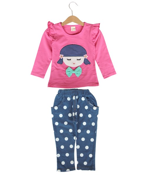 Girl Polka Bow Top + Pant - Pink 1