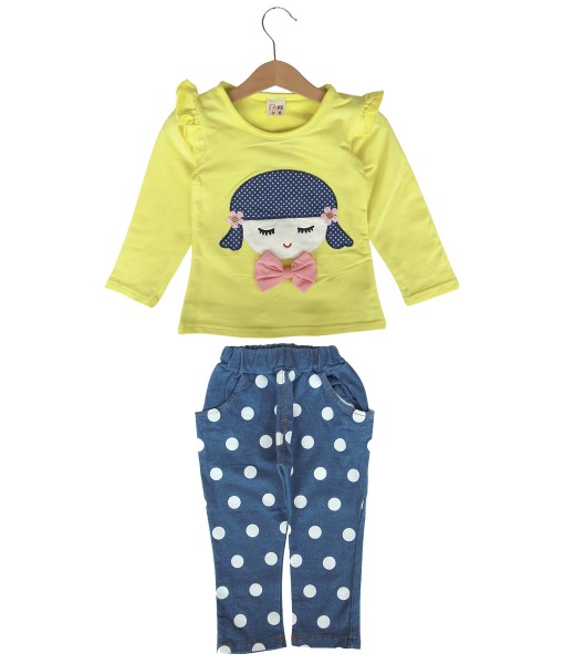 Girl Polka Bow Top + Pant - Yellow 1