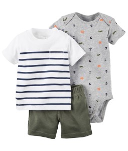 Stripe White Tee + Grey Bodysuit + Short Pant