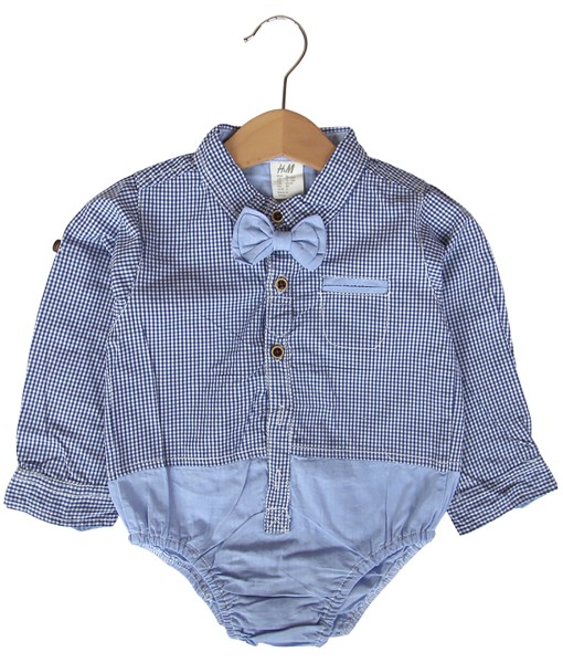 Bow Tie Plaid Bodysuit - Small Blue 1